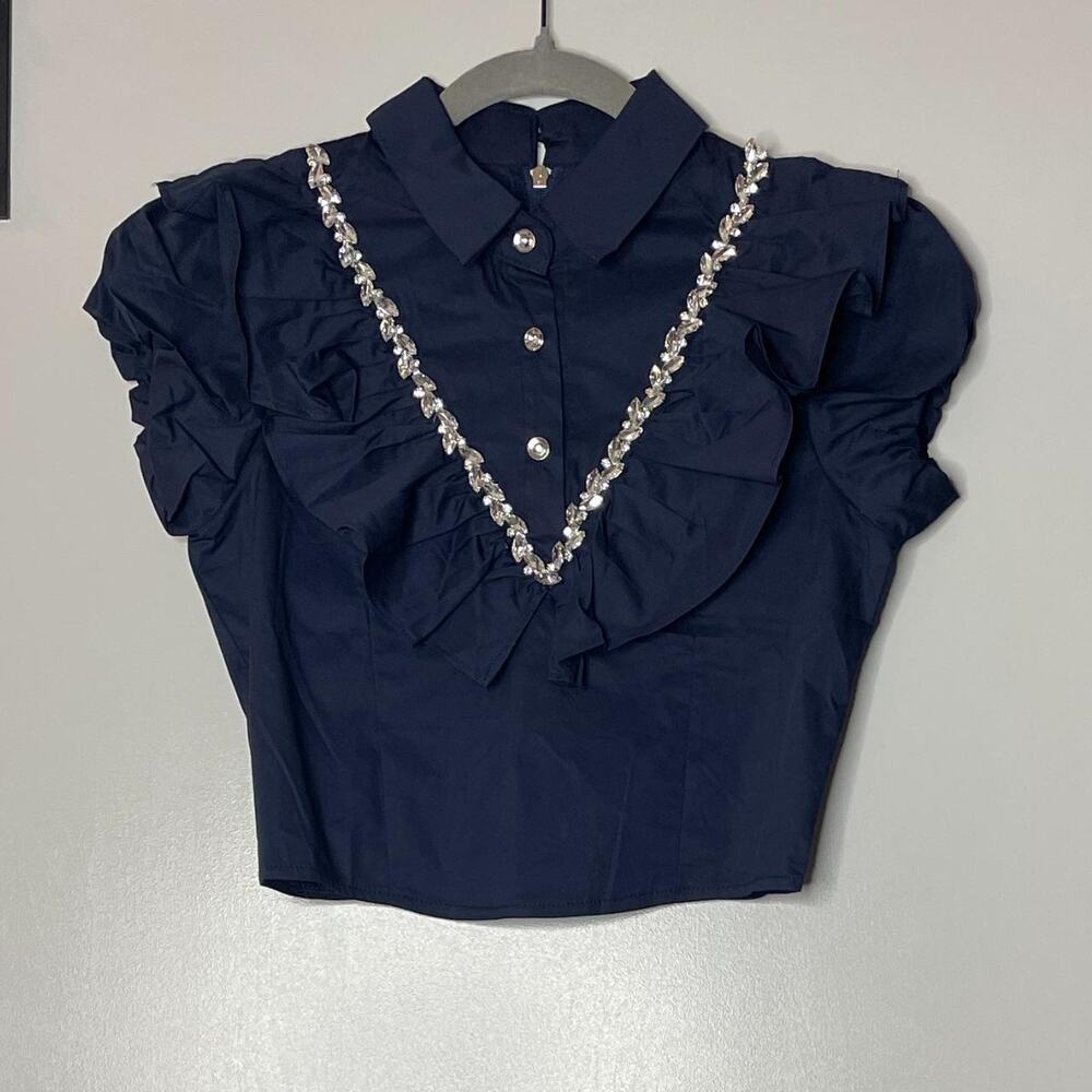 Navy Blue Ruffled Neck Shirt With Rhinestones - Picture 3 of 5